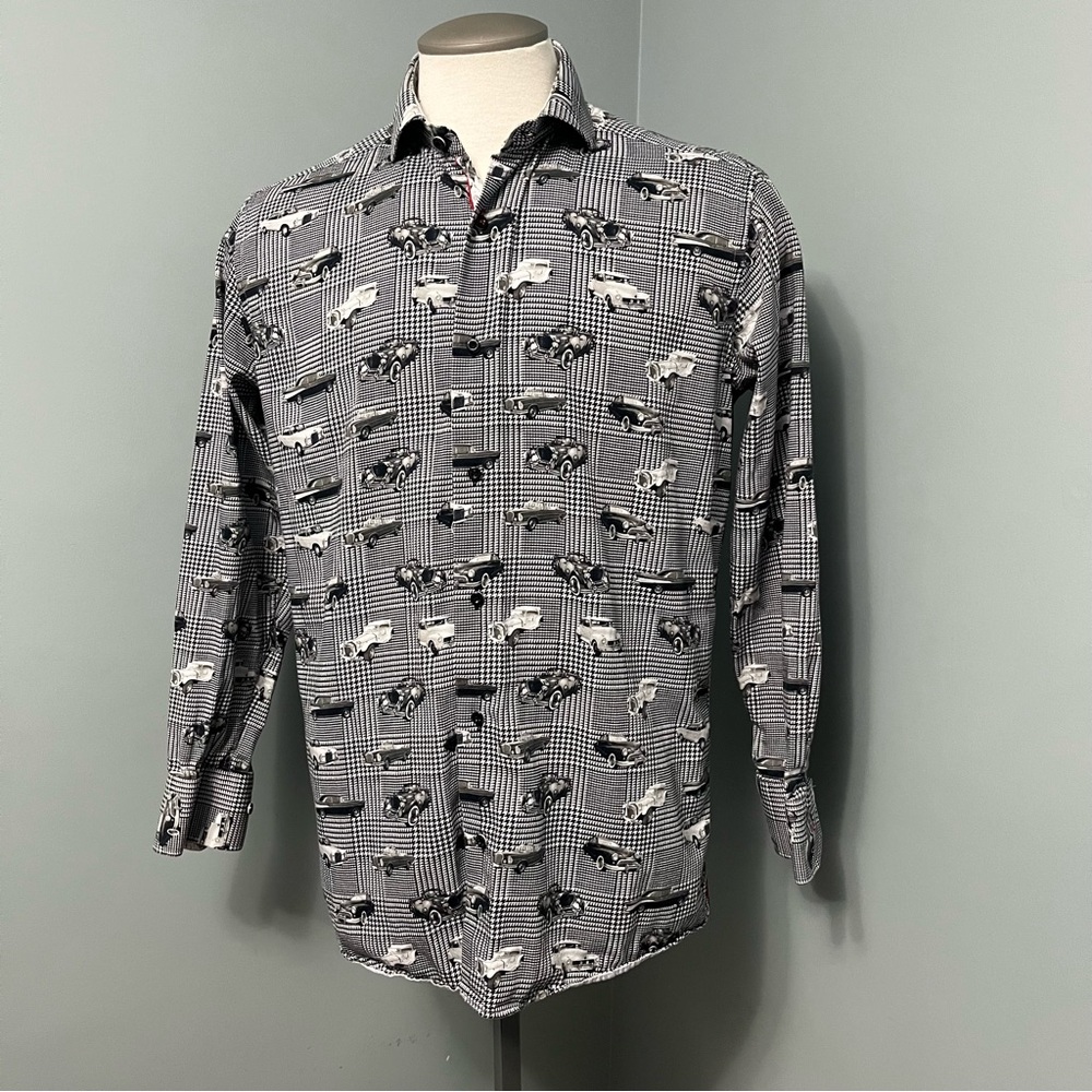 7 DOWNIE St. London Couture Men's vintage Car Print houndstooth Shirt size Large